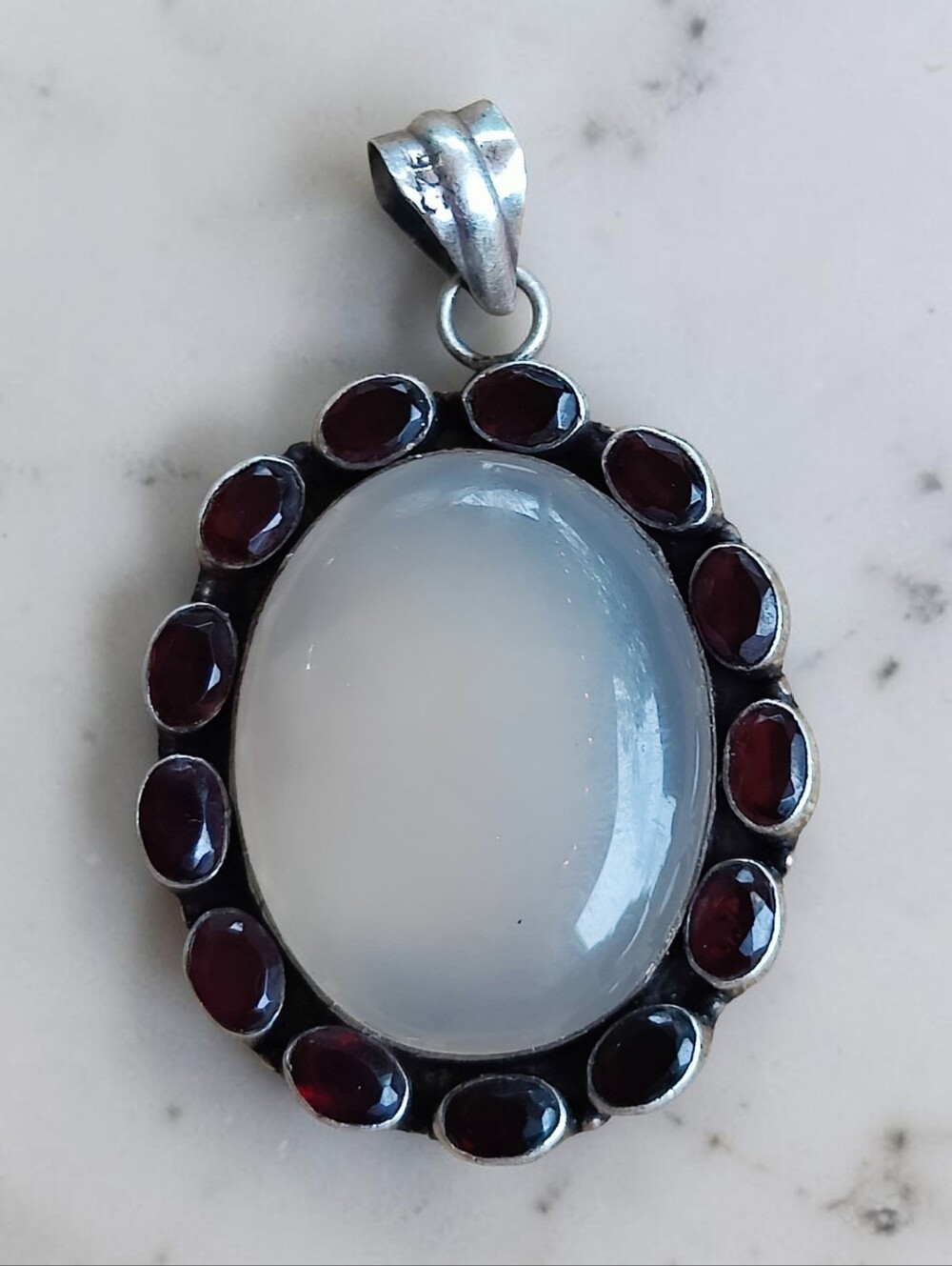 Heavy sterling Moonstone And Garnet Pendant